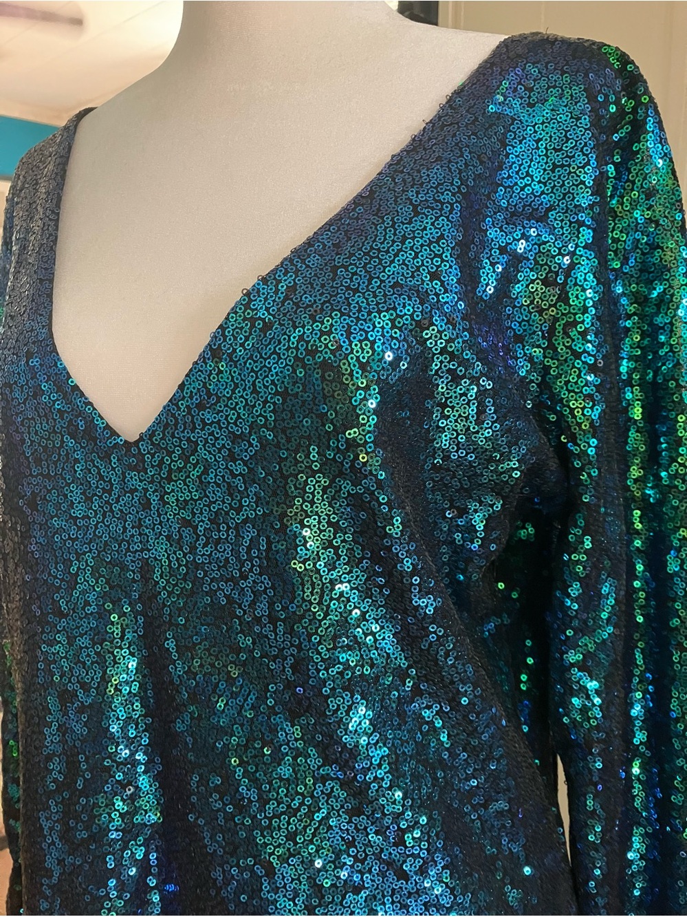 Sequin Goth Iridescent Color Change V-Neck Dress - Green Blue Purple